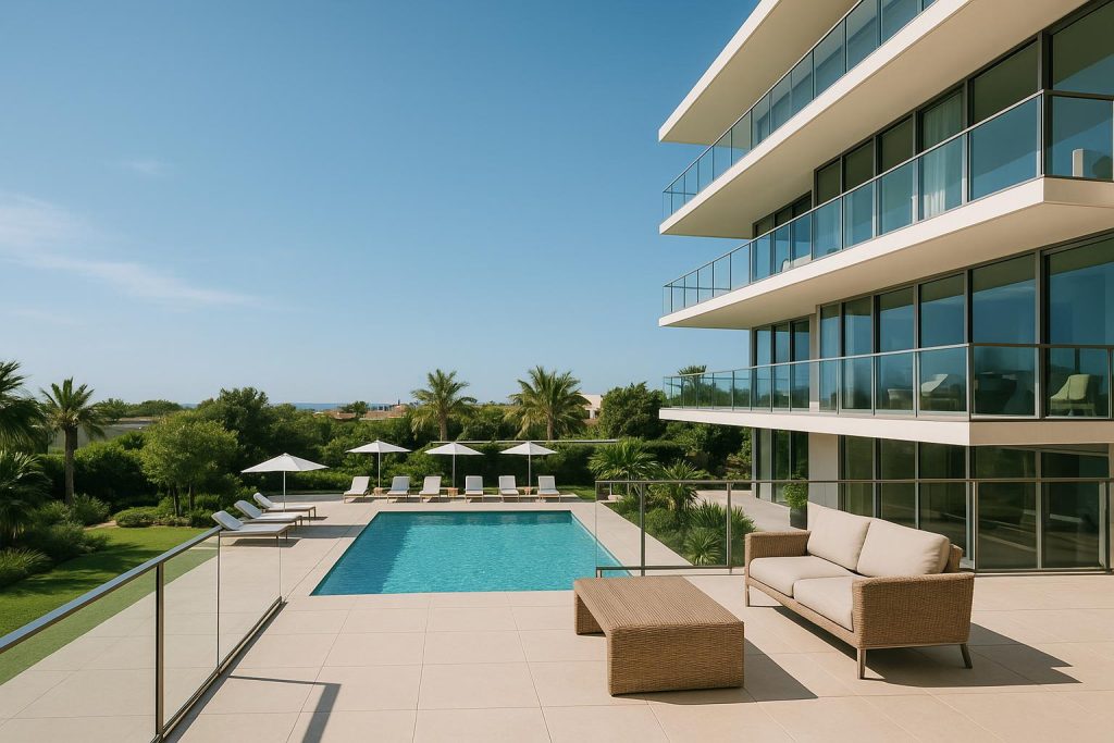 Modern luxury condo exterior with upscale amenities and stylish architecture in urban setting
