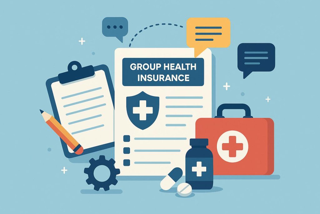 Group health insurance policy documents with personalized options highlighted for customization tips