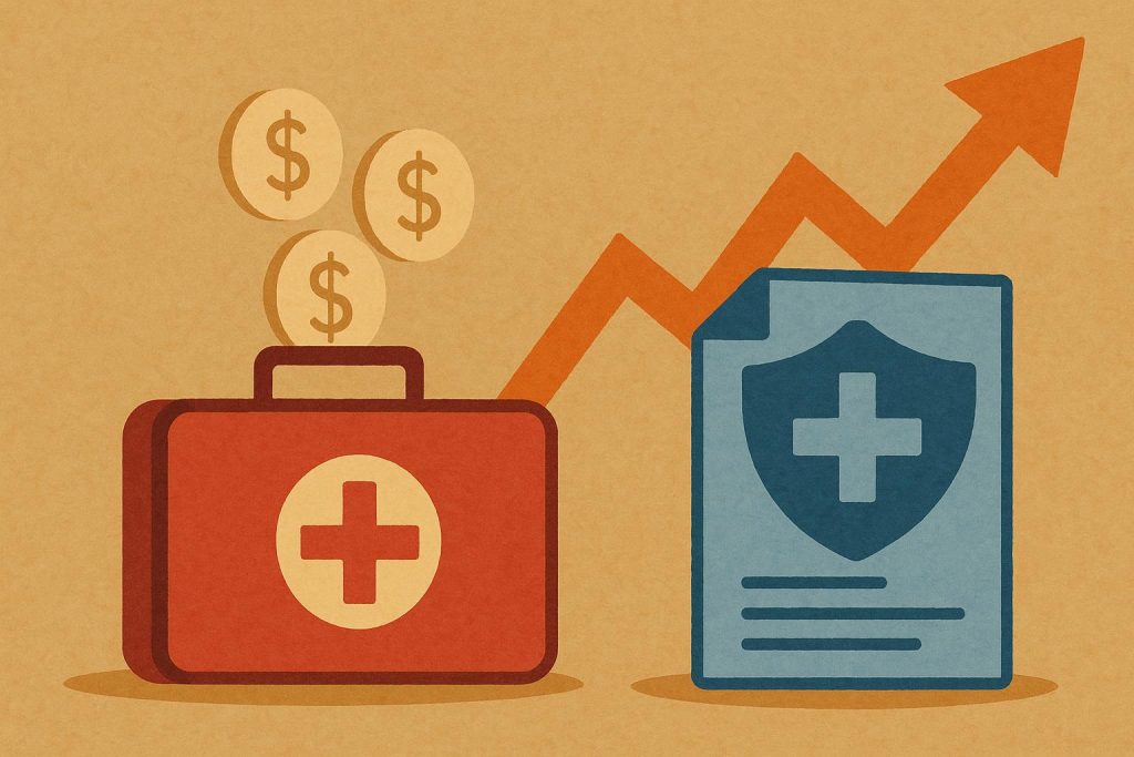 Stack of medical bills and stethoscope representing increased health insurance premiums