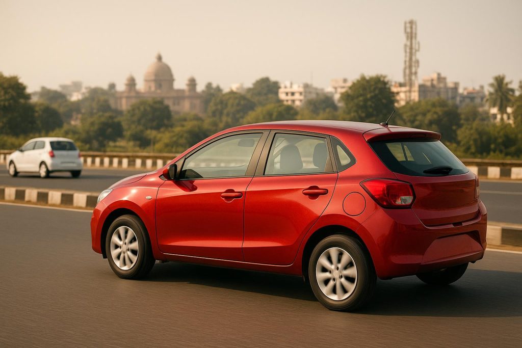 Compact hatchback car navigating busy Indian city street with surrounding traffic and urban scenery