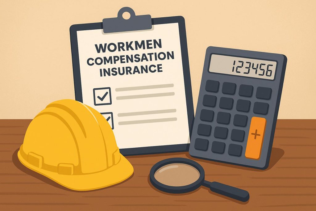 Workmen compensation insurance premium calculation with charts and financial documents