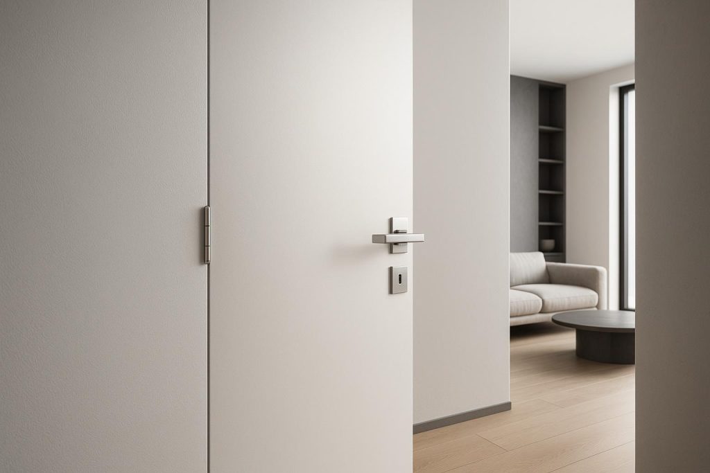 Minimalist living room with concealed door hardware showcasing sleek, modern interior design