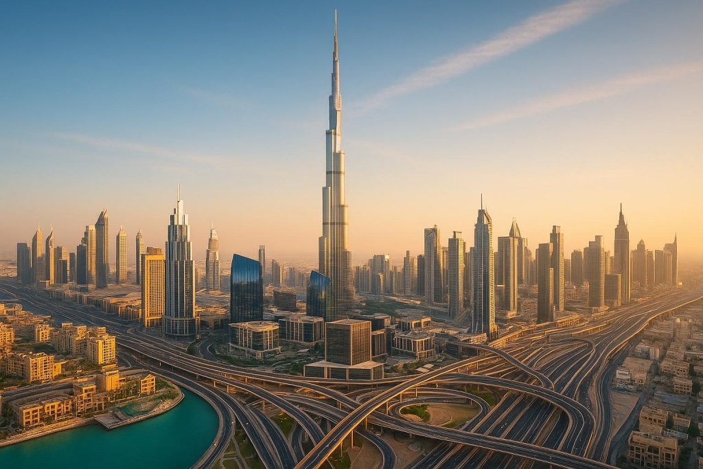 Dubai skyline with modern skyscrapers symbolizing rapid economic growth and investment potential