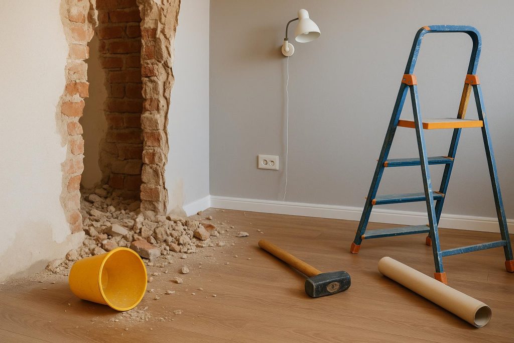 Home Renovation Mistakes That Could Cost You in the Long Run Damaged kitchen with unfinished cabinets and exposed wires showing common home renovation mistakes