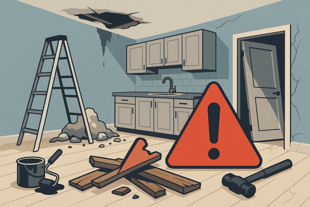 Essential Mistakes to Dodge in Home Renovation Projects Modern kitchen with renovation tools and plans highlighting common home renovation mistakes