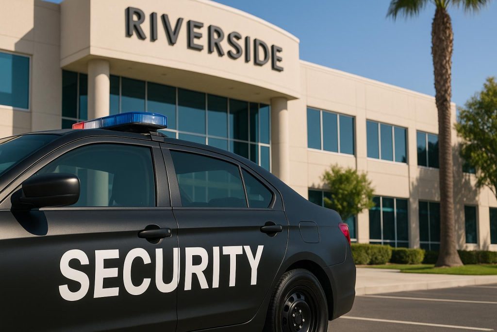 Private security guard patrolling a commercial property in Riverside, CA for business protection