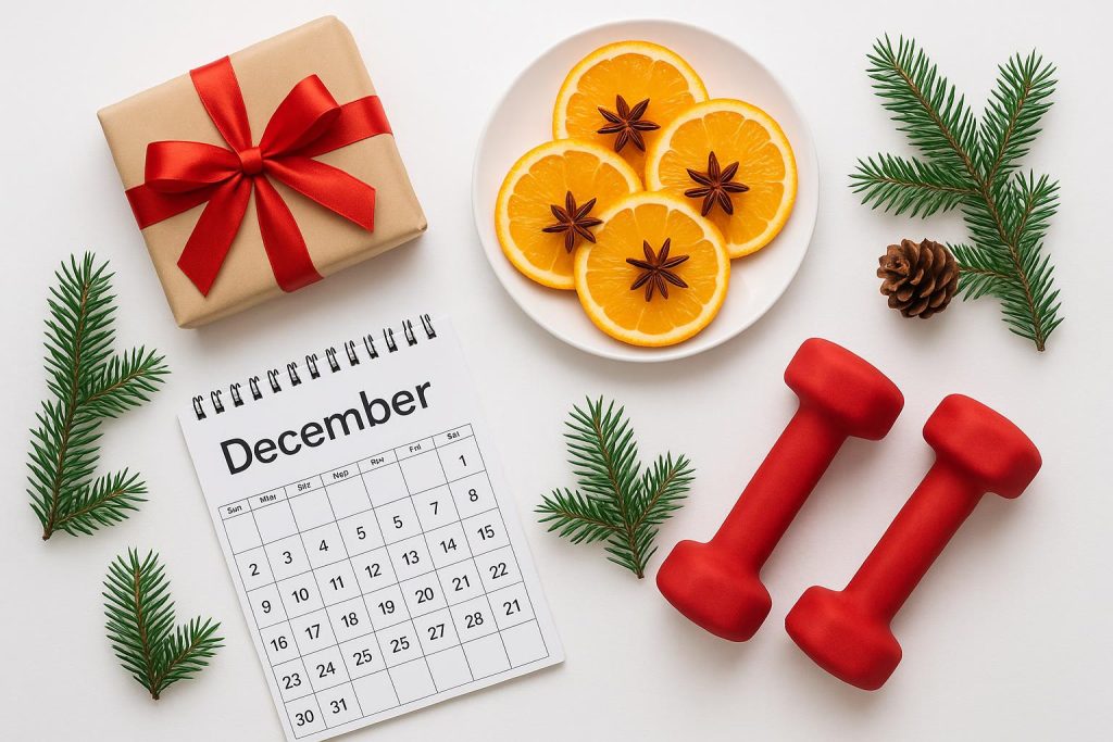 5 Tips for a Healthy & Stress-Free Holiday Festive holiday table with healthy food, calming decor, and stress-relief elements displayed