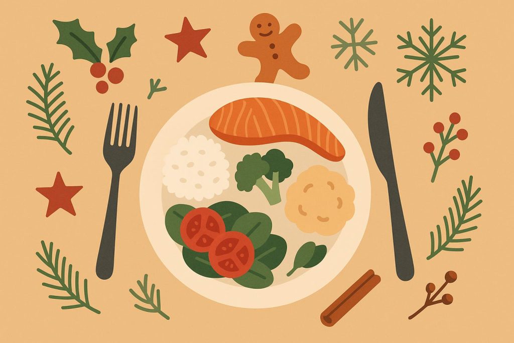 Festive table setting with healthy holiday dishes promoting mindful eating habits