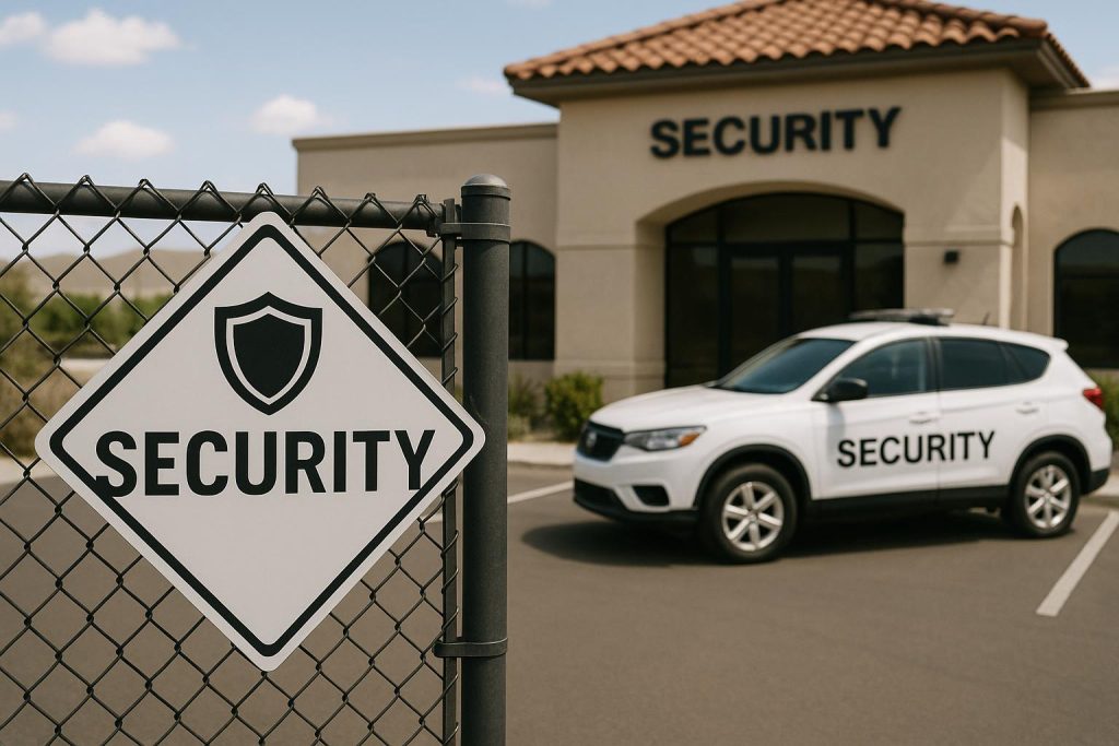 Security company officer patrolling building exterior in Corona, ensuring safety and protection