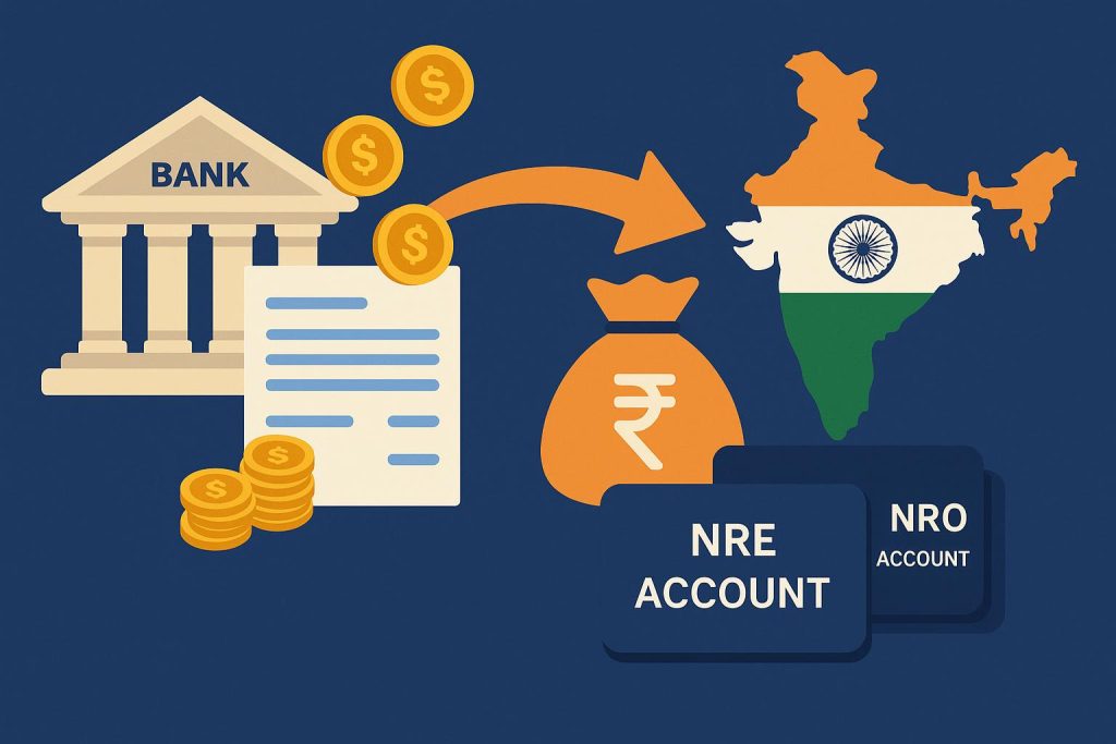 Money transfer process illustration with NRE NRO account documents and Indian Rupee currency symbols