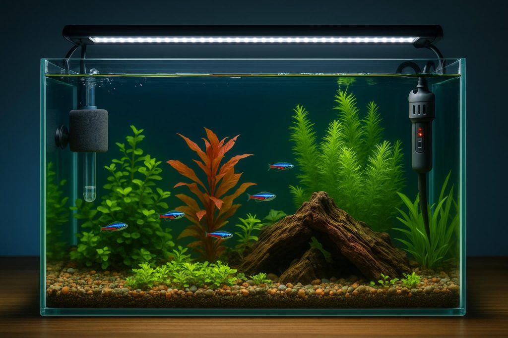Modern aquarium with LED lighting, live plants, advanced filter, and decorative substrate