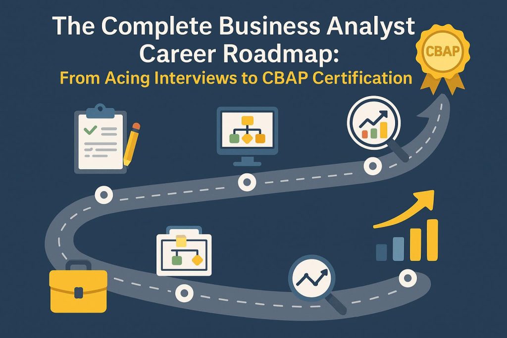 The Complete Business Analyst Career Roadmap: From Acing Interviews to CBAP Certification Business analyst career roadmap with interview tips and CBAP certification milestones illustrated
