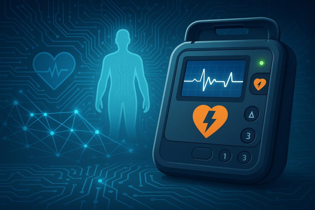 Automated external defibrillator with advanced software interface detecting cardiac emergencies