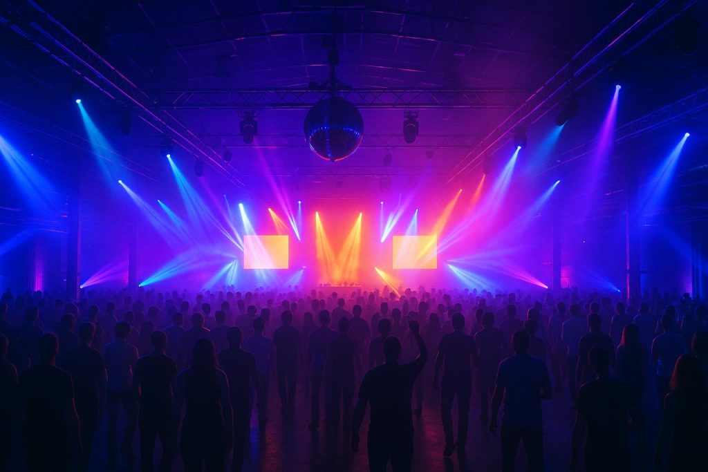 Vibrant lighting and dynamic decor inside a spacious party venue fostering energetic social events