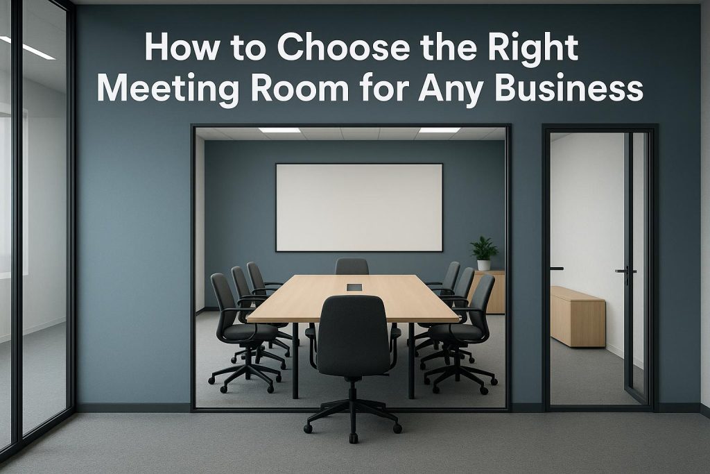 Modern business meeting room with conference table, chairs, and presentation screen setup