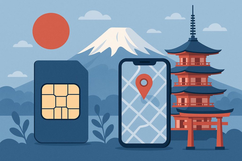 Smartphone displaying eSIM settings with Japanese landmarks in the background for travel guide