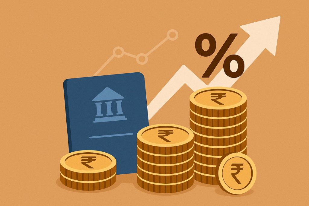 Indian bank passbook and coins representing savings account interest rates and financial growth