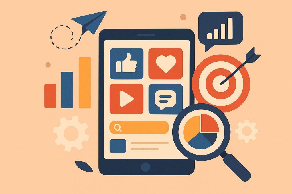 Social media marketing consultant analyzing business strategy charts and digital platforms