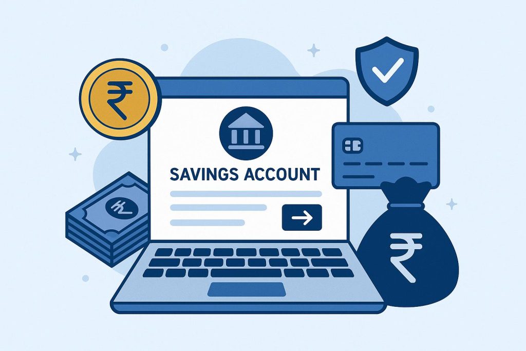 Online savings account opening process in India with laptop, banking app, and documents