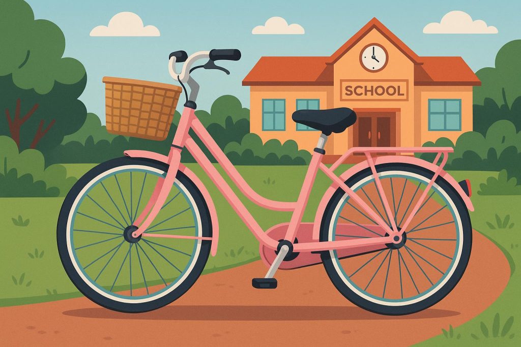 Colorful girls’ bicycles with baskets and playful designs parked near a schoolyard playground