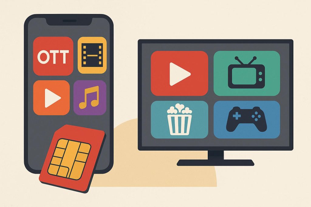 Mobile users streaming movies and shows with OTT bundled prepaid plans for entertainment
