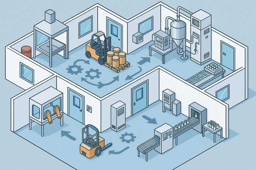Why Pharmaceutical Manufacturers Should Plan a GMP Cleanroom Around Real Production Flow Modern GMP cleanroom layout for pharmaceutical manufacturing with production flow zones