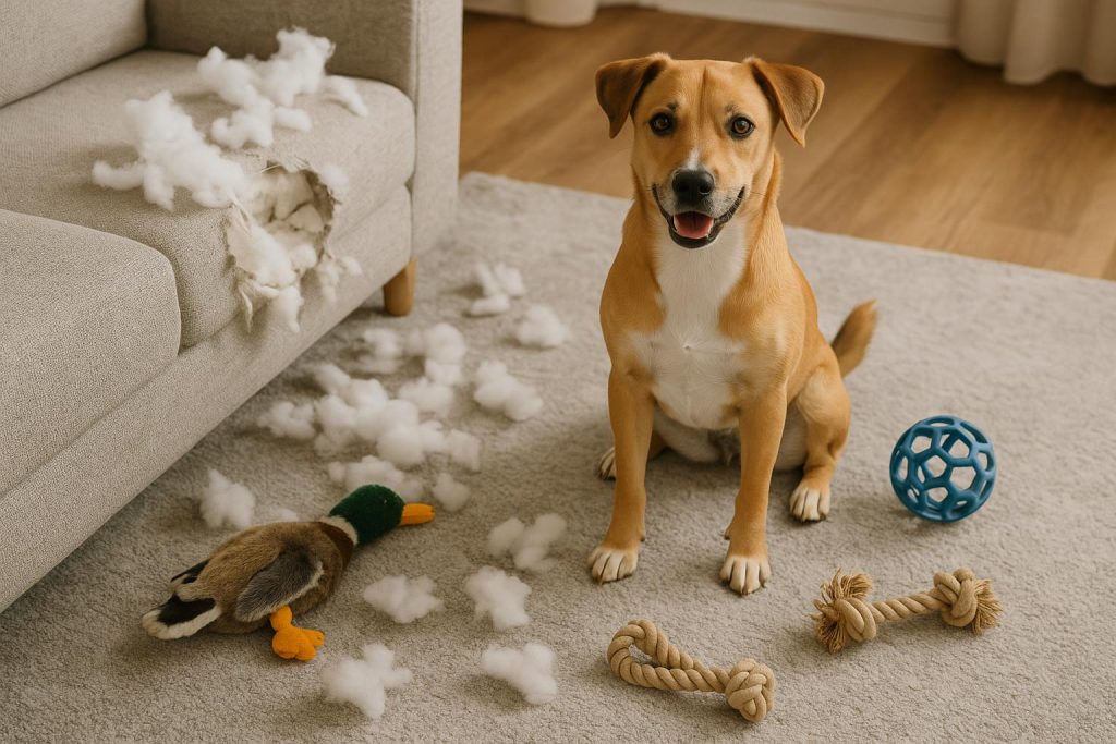 Happy dog playing with chew toy on living room floor, preventing destructive behavior at home