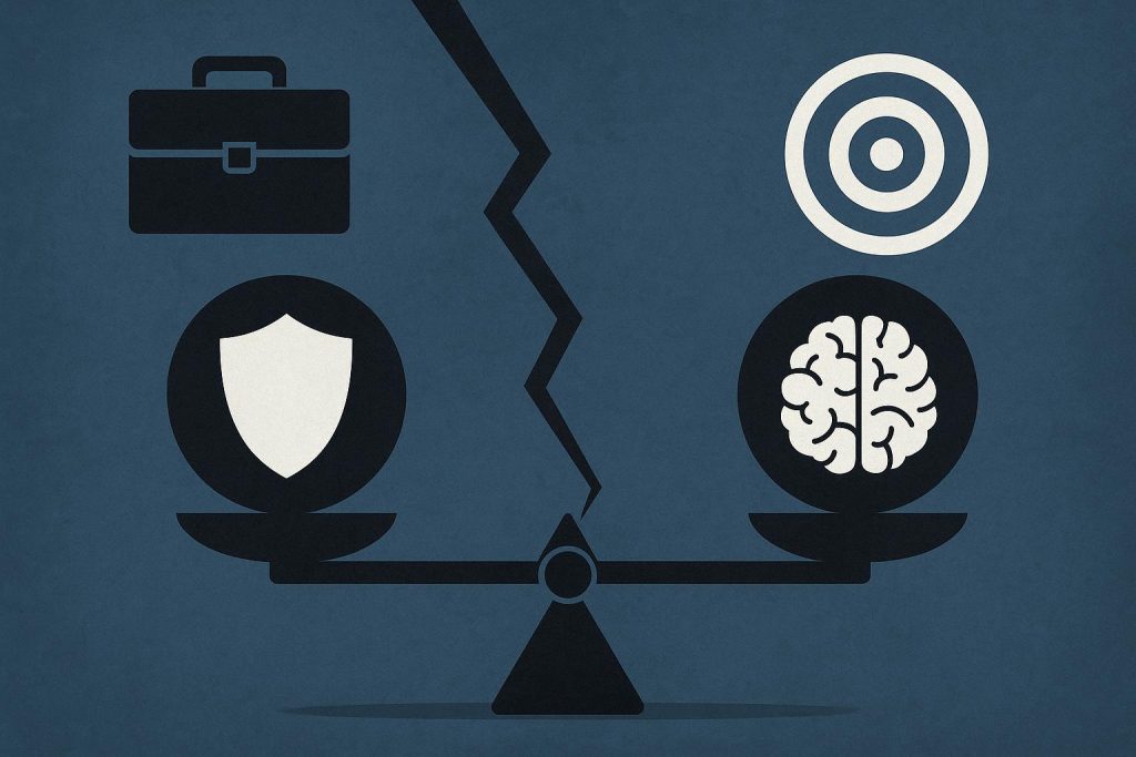 Security strategy concept showing split between physical presence and data intelligence analysis.