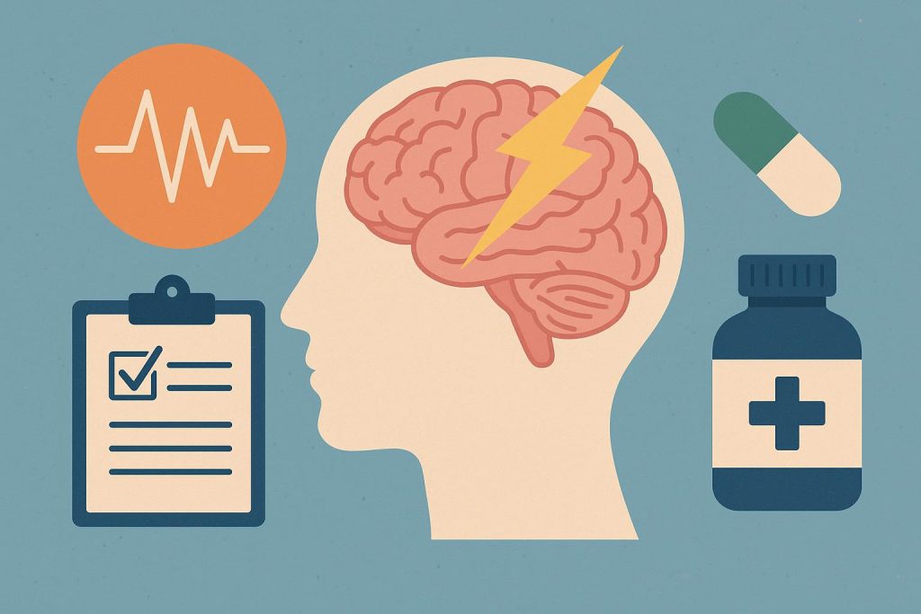 Brain illustration showing epileptic seizure activity with highlighted management options diagram