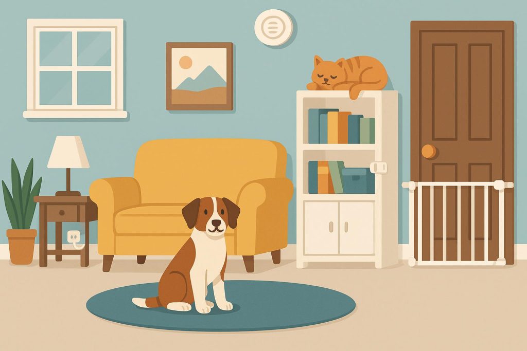 Dog and cat in a living room with pet-proofed furniture and safety gates for home protection