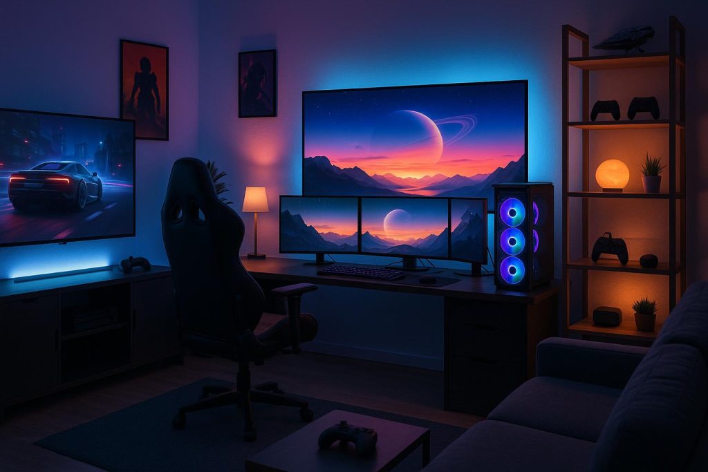 The Ultimate All-Around Gaming Room: What to Get Modern gaming room setup with multiple screens, LED lighting, ergonomic chair, and consoles