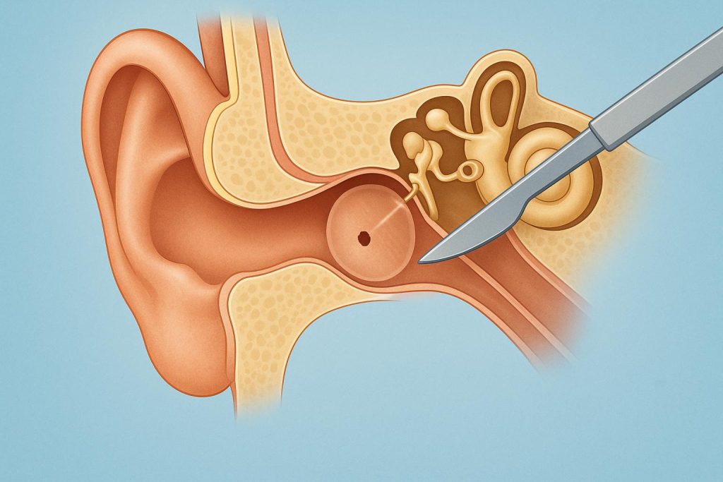 Surgical tools and otoscope examining eardrum for ear surgery and hearing loss treatment