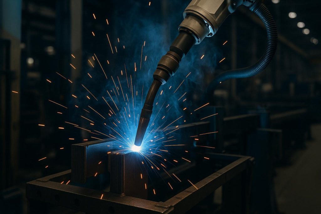 What Makes a Welding Process Suitable For Industrial Production Automated welding machinery operating on steel components in an industrial manufacturing facility