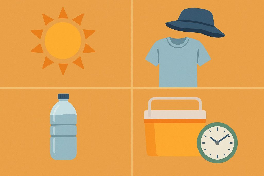 Hydration, shade, lightweight clothing, and sunscreen for preventing heat injuries outdoors