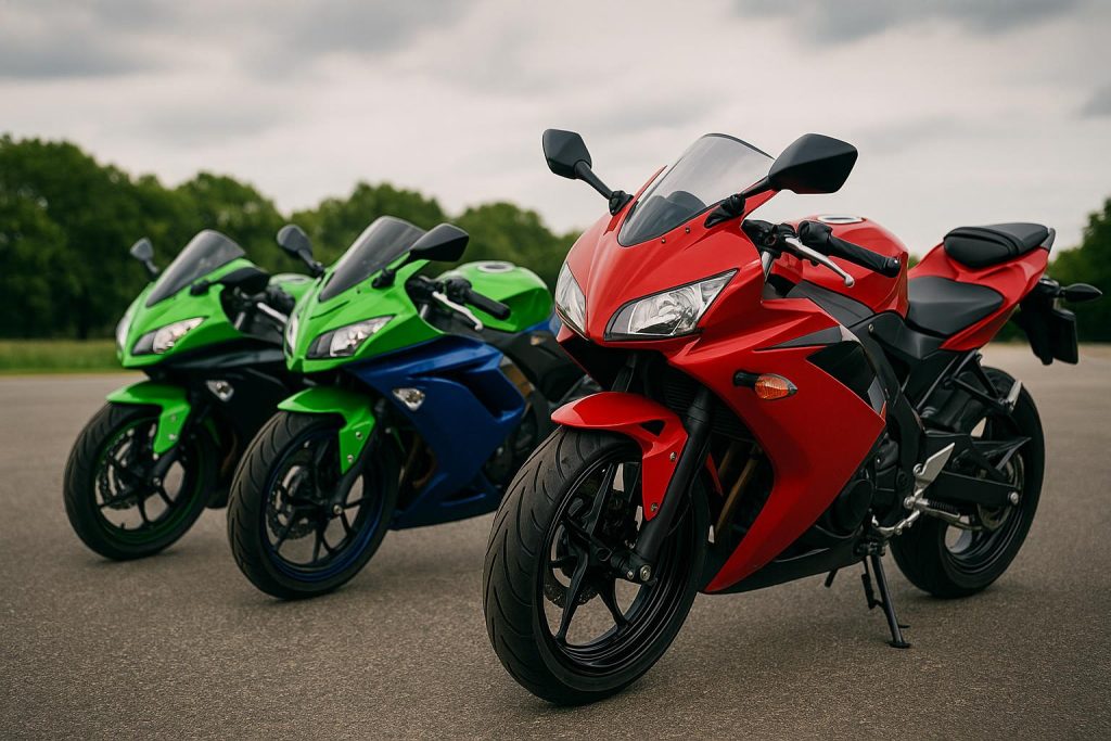 Beginner-friendly sports bikes parked outdoors, showcasing popular models for new riders