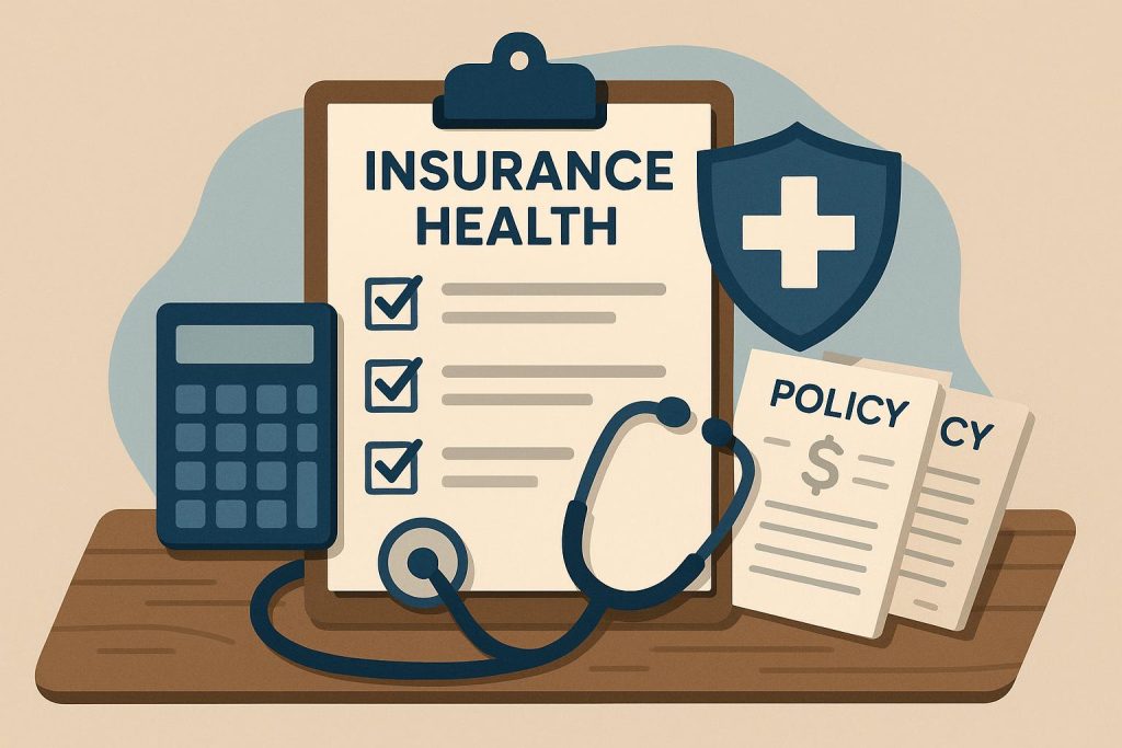 Health insurance policy documents, calculator, and stethoscope symbolizing coverage comparison