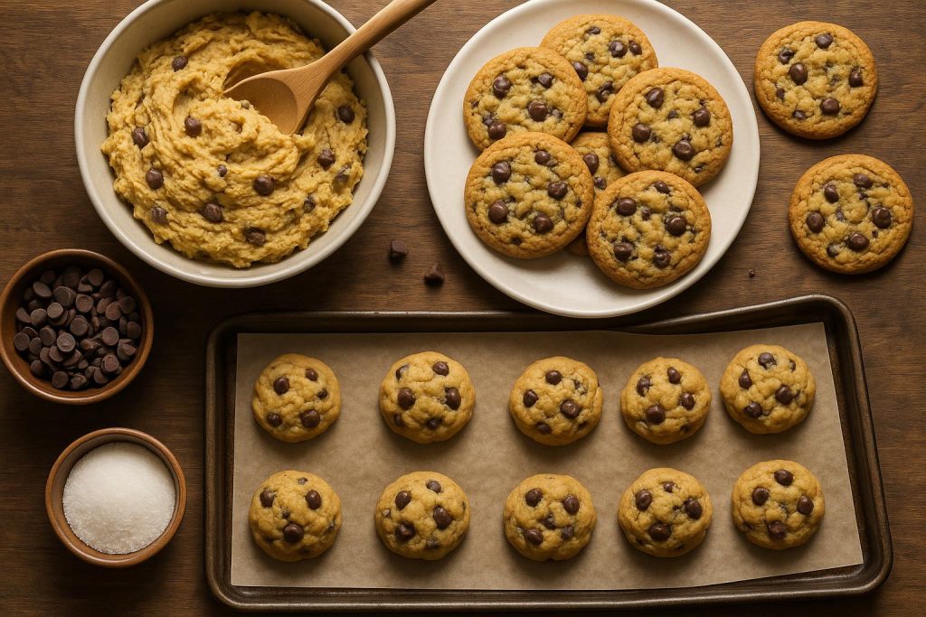 Freshly baked chocolate chip cookies cooling on a wire rack in a home kitchen setting